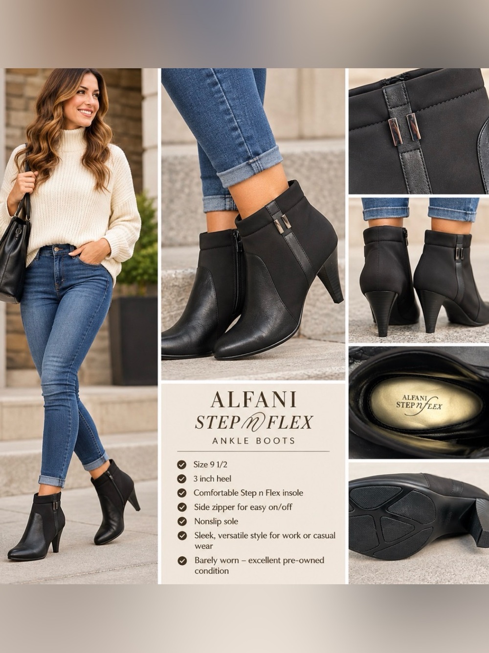 Alfani Step N Flex Women’s 9.5 Black Ankle Boots 3” Heel Side Zip Comfort